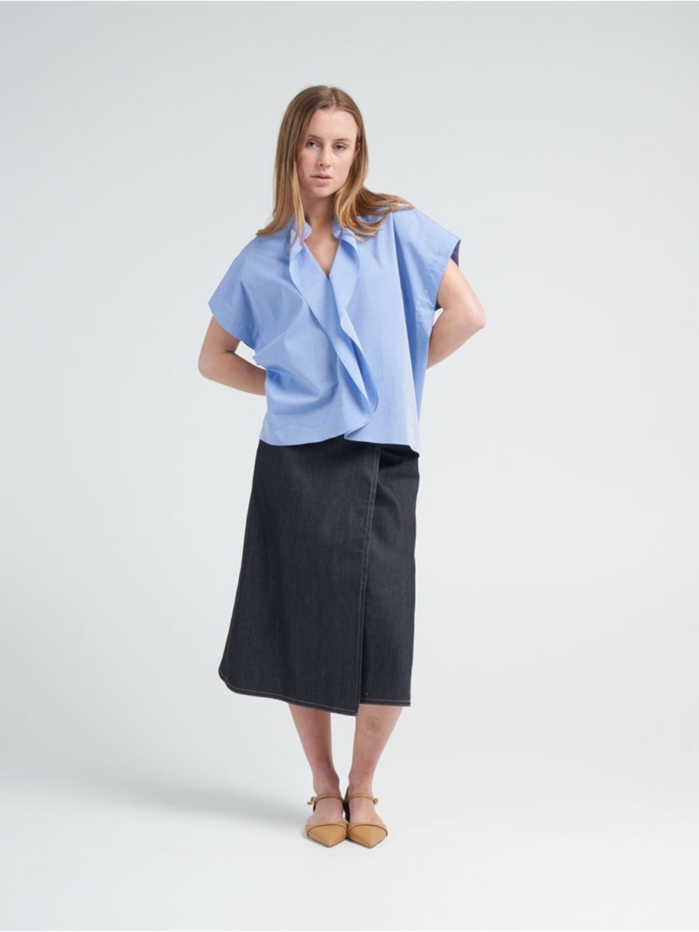 Zero Maria Cornejo Fin gaban Light Blue Draped Short-Sleeve Blouse size 4
